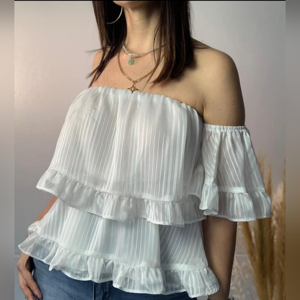 Vestique Off-Shoulder White Layered Blouse